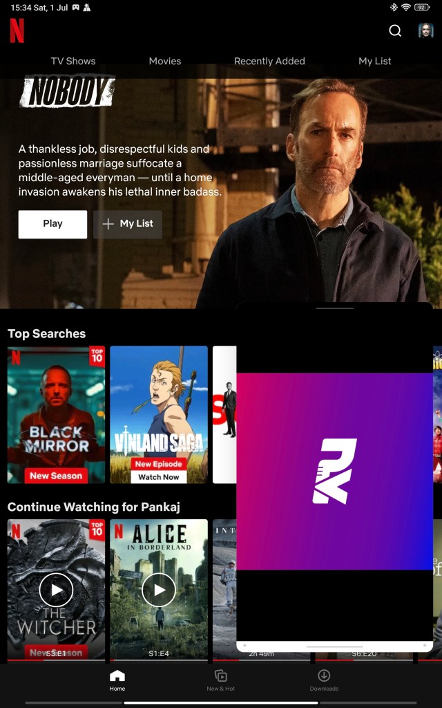 Screenshot of Netflix with a floating window on top in pad 6