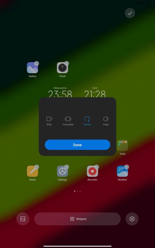 Pad 6 screenshot of choice of home screen transition animations
