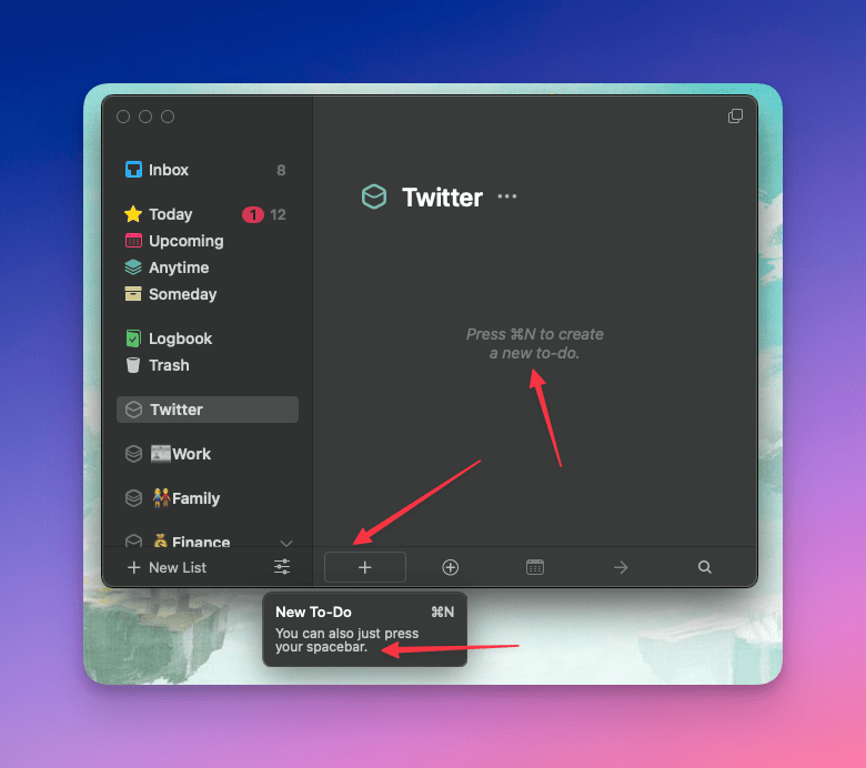Screenshot of multiple ways to create tasks in Things 3